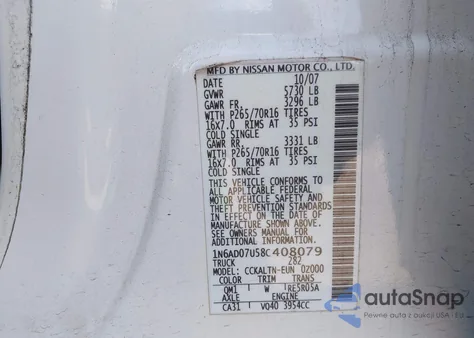 2008 Nissan Frontier Se z USA, uszkodzony, nr VIN 1N6AD07U58C408079